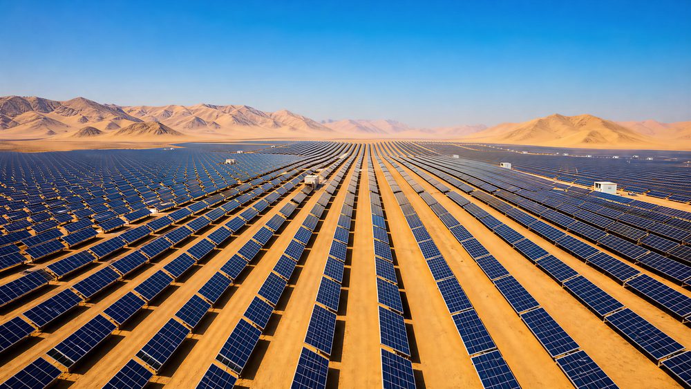 Utility-scale solar farm stretching across a desert plain towards dry mountains